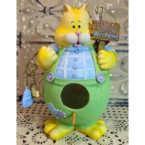 Adorable Birdhouse Yellow Cat Wearing Green Overalls "Every Birdie Welcome"